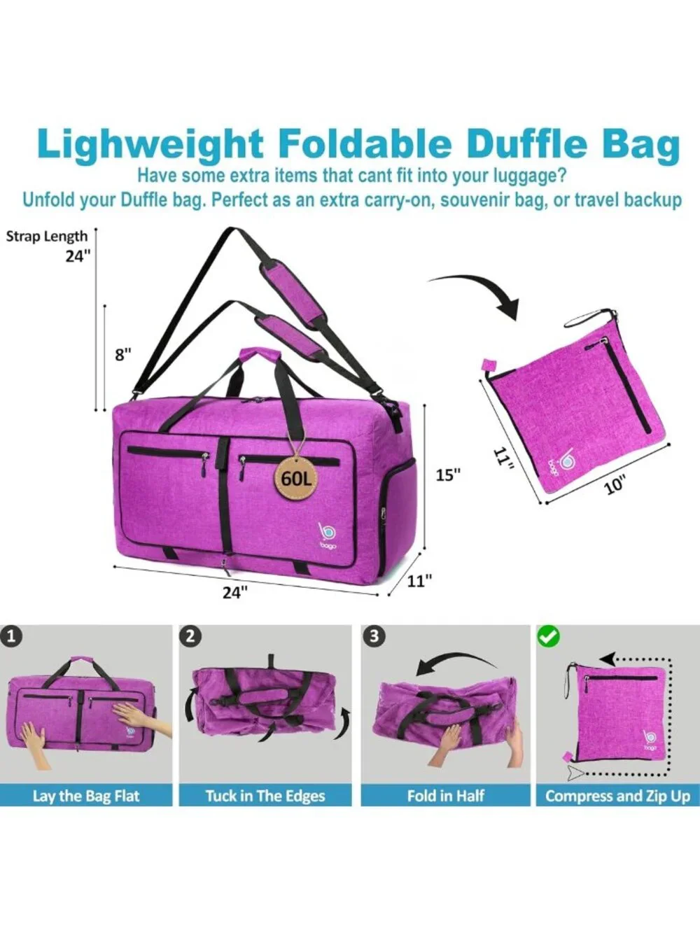 Durable Lightweight 60L Duffle Bag for Travel | Foldable Weekender with Shoe